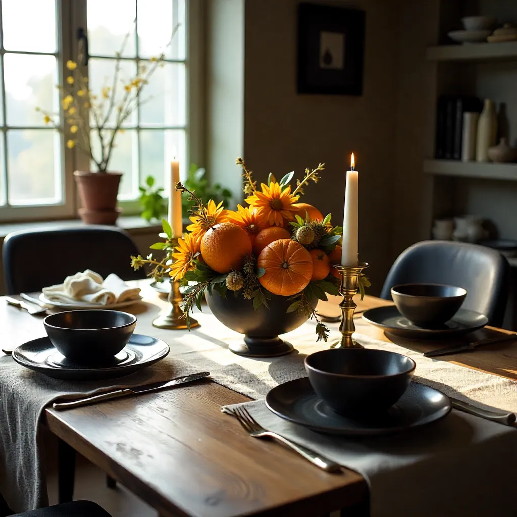 Elegant dining table with warm lighting